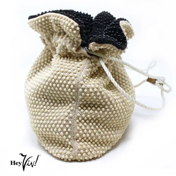 Vintage Reversible Black Ivory Beaded Purse Lee British Hong Kong - Hey Viv - Picture 6 of 7